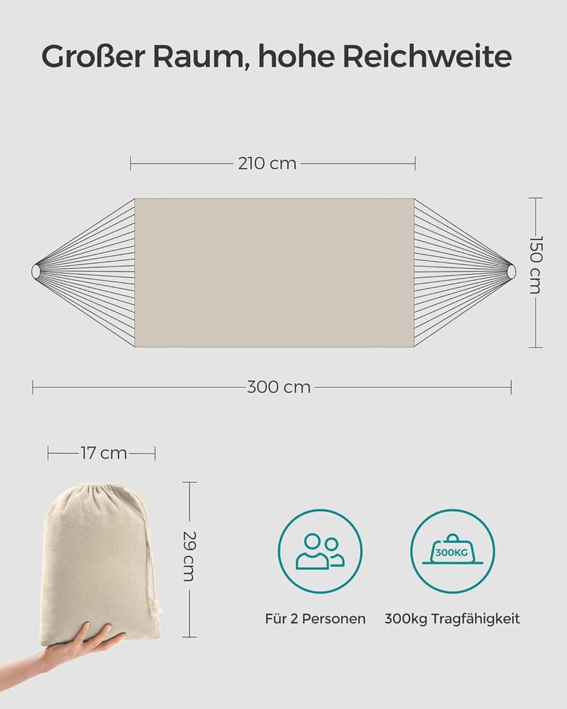 Hängematte für 2 Personen, 210 x 150 cm, bis 300 kg, Beige, inkl. Zubehör