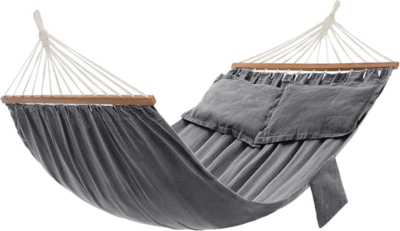 Outdoor Hängematte mit Holzstangen und Kissen, grau, 300 kg belastbar