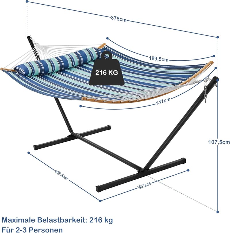 XXL Doppelhängematte mit Gestell und Kissen, bis 216 kg belastbar
