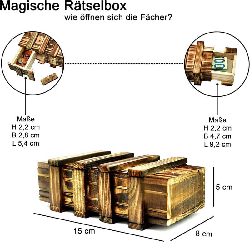 Magische Holzrätselbox mit 2 geheimen Fächern für Geldgeschenke