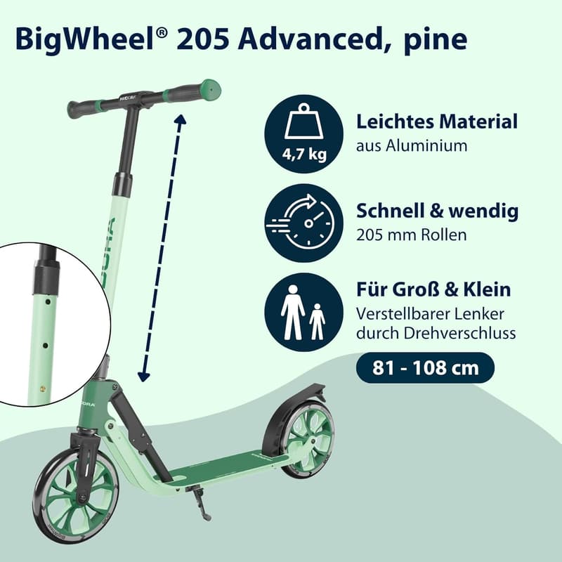 HUDORA BigWheel 205 Scooter - Höhenverstellbarer Aluminium-Roller bis 100 kg