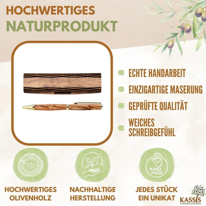 Personalisierbarer Kugelschreiber aus Olivenholz im Geschenkschachtel – handgefertigtes Schreibset
