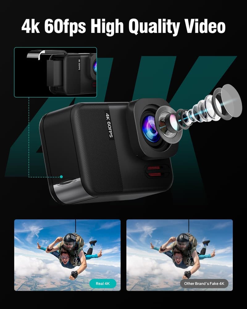 4K Action Cam mit 64G SD Karte, 48MP und 8X Zoom für Sport