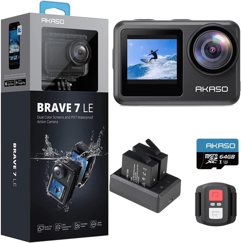 AKASO Brave 7 LE 4K Action Cam mit 64GB Speicherkarte, wasserdicht bis 40M