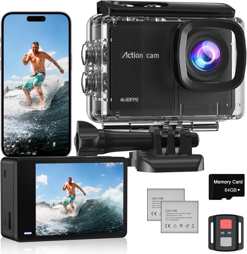4K Action Cam mit 64GB, 8X Zoom, 48MP und EIS Bildstabilisierung