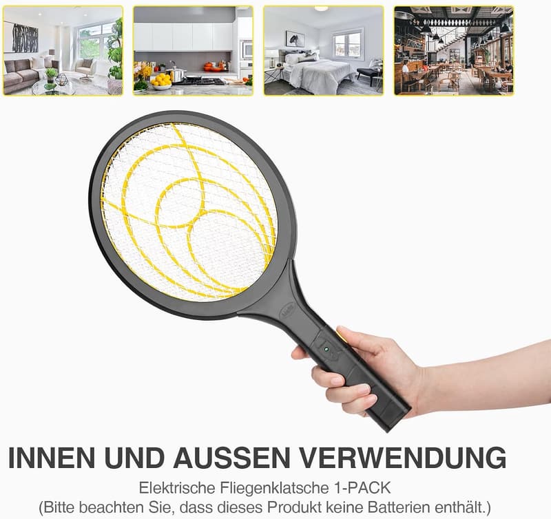 Elektrische Fliegenklatsche für drinnen und draußen, giftfrei, gelb-schwarz