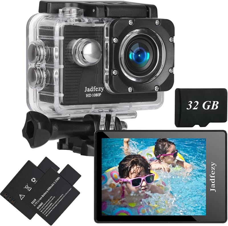 Jadfezy 1080P Action Cam mit 32GB, wasserdicht bis 30m, 140° Weitwinkel