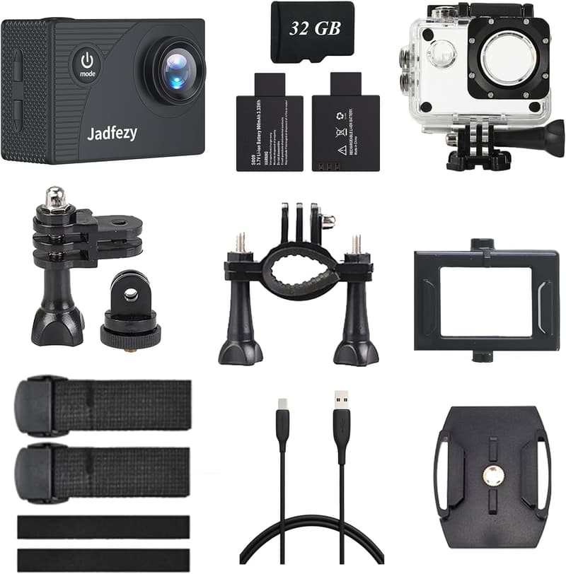 Jadfezy 1080P Action Cam mit 32GB, wasserdicht bis 30m, 140° Weitwinkel