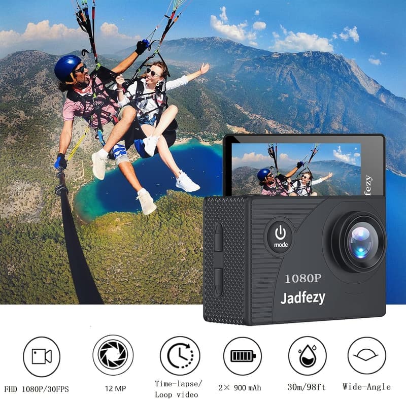 Jadfezy FHD Action Cam 1080P, wasserdicht bis 30m, 140° Weitwinkel