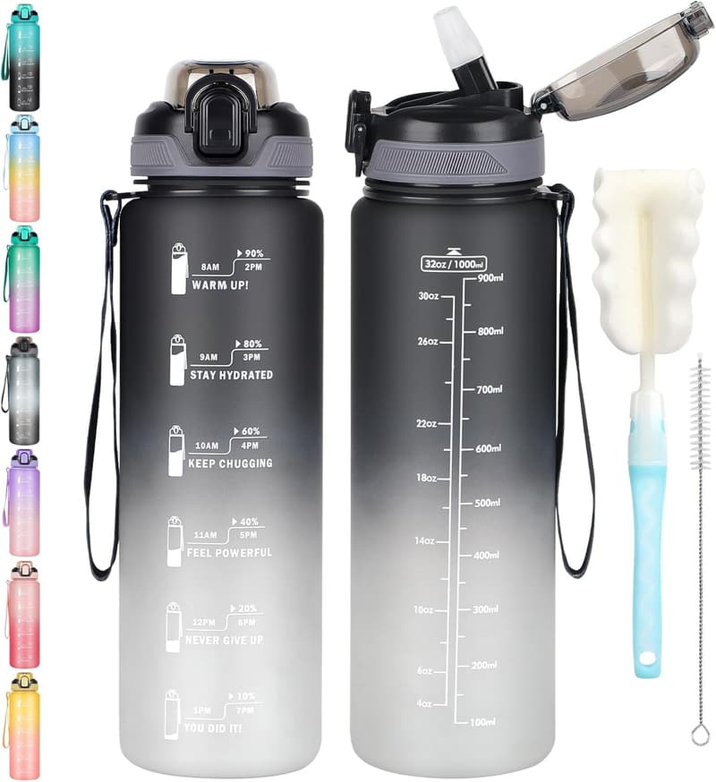 CodiCile 1l Sport-Trinkflasche mit Strohhalm und Zeitmarkierung
