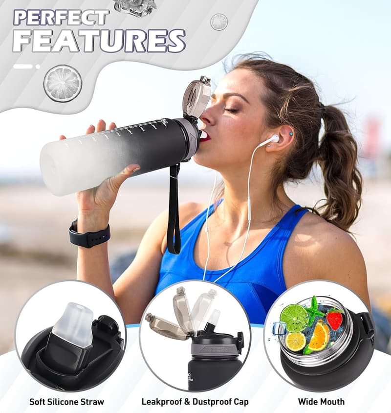 CodiCile 1l Sport-Trinkflasche mit Strohhalm und Zeitmarkierung