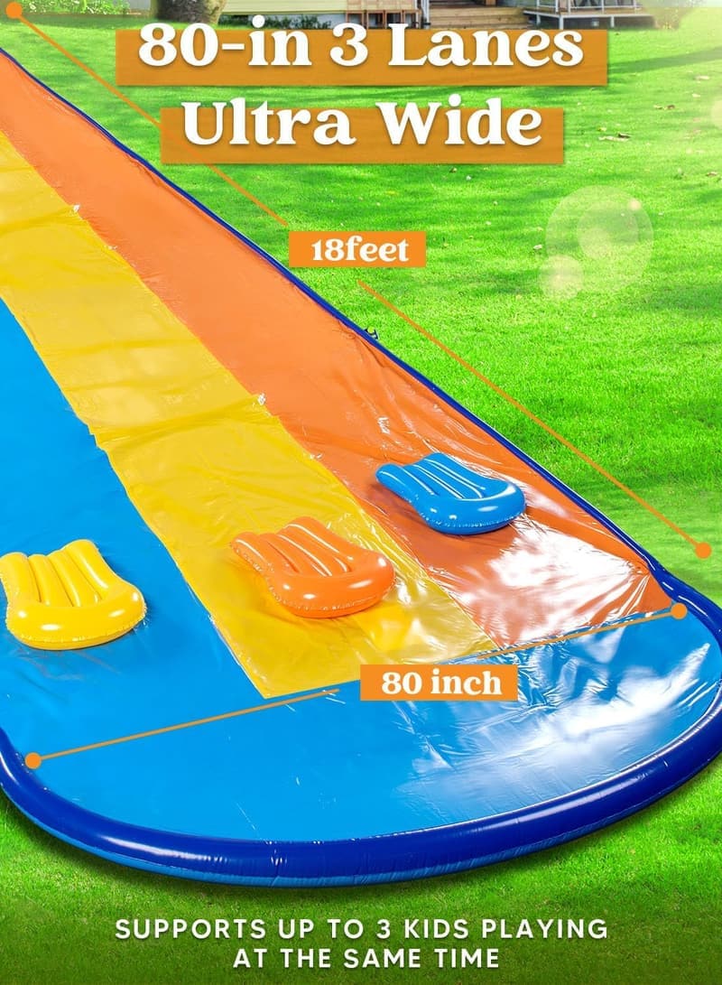 Dreispurige Wasserrutsche mit Sprinkler und 3 Bodyboards für den Sommer