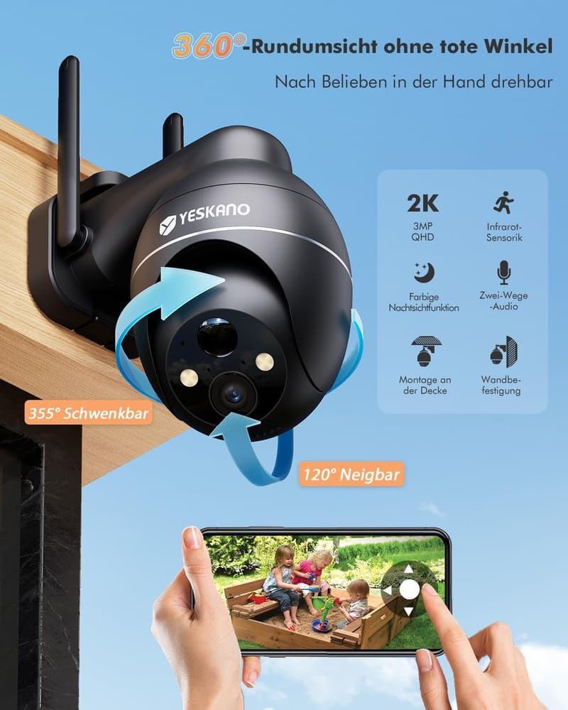 Kabellose Solar-Überwachungskamera 2K für den Außenbereich, 360° PTZ