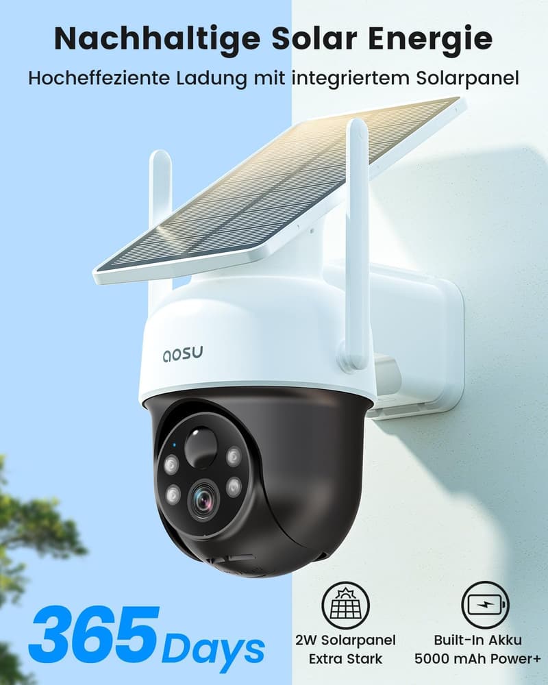 AOSU 2K Solar-Außenüberwachungskamera mit 360° PTZ und Farb-Nachtsicht