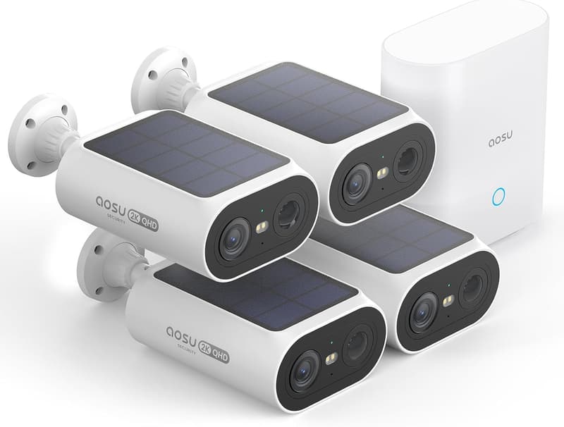 AOSU 2K Solar-Außenüberwachungskamera mit 4 Kameras und 32GB Speicher