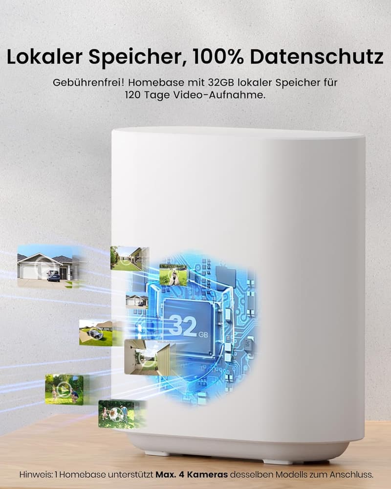 AOSU 2K Solar-Außenüberwachungskamera mit 4 Kameras und 32GB Speicher