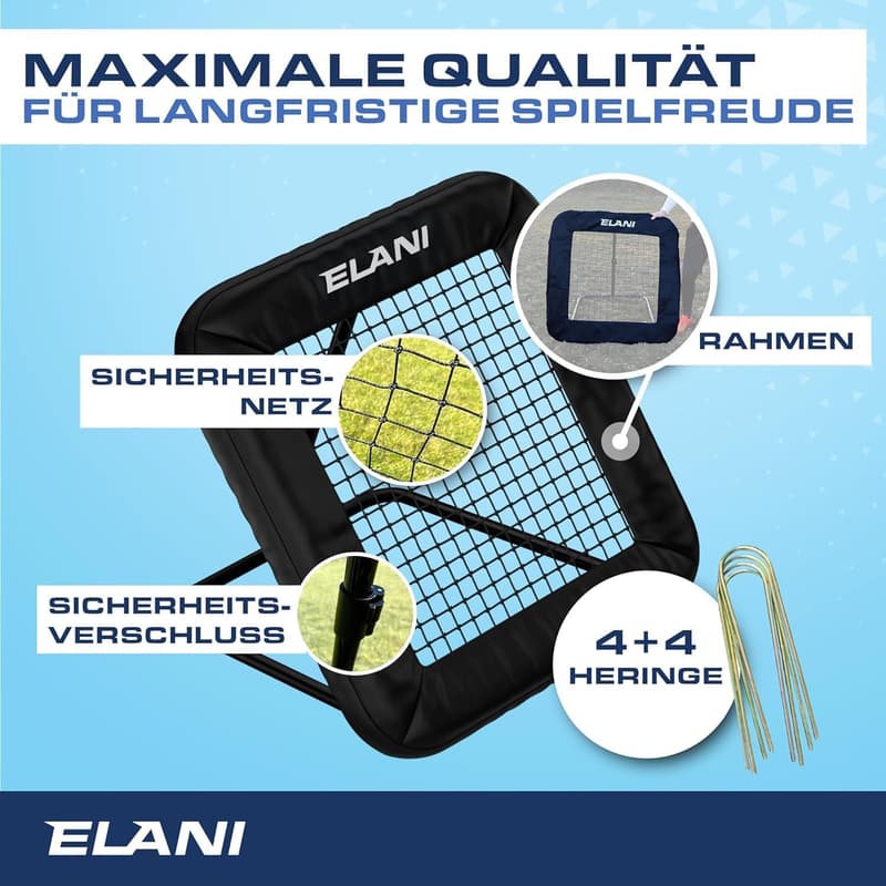 Fußball Rebounder 1x1m mit Schutzrand und 6 Heringen für Stabilität