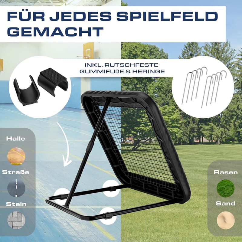 Fußball Rebounder 1x1m mit Schutzrand und 6 Heringen für Stabilität