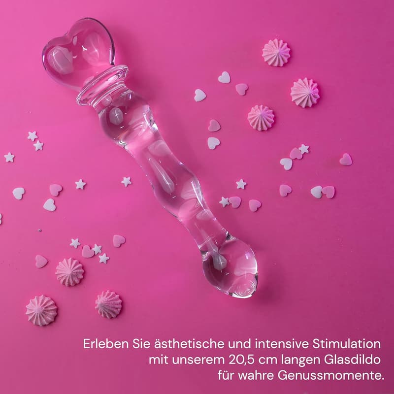 Herzförmiger transparenter Glasdildo für Frauen und Männer, 20,5 cm