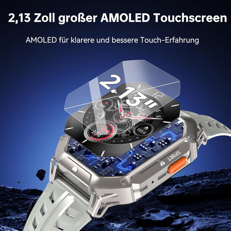 OUKITEL Smartwatch für Herren mit 5ATM wasserdicht, 30 Tage Akku und 2,13 Zoll AMOLED Display