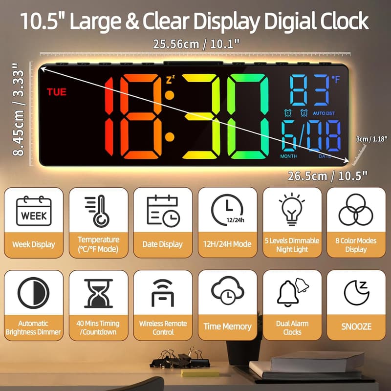 Digitale Wanduhr mit Temperatur, Datum und RGB-LED für Schlafzimmer