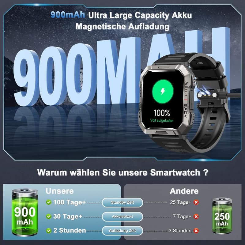 Militärische Smartwatch für Herren mit 100 Tagen Akkulaufzeit und IP68 wasserdicht