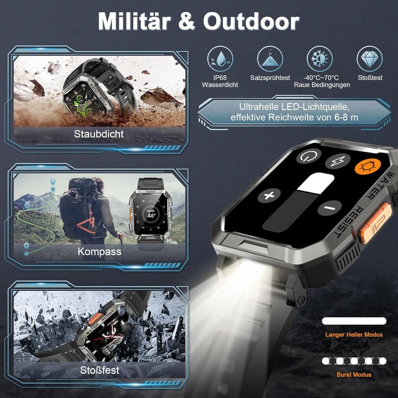 Militärische Smartwatch für Herren mit 100 Tagen Akkulaufzeit und IP68 wasserdicht
