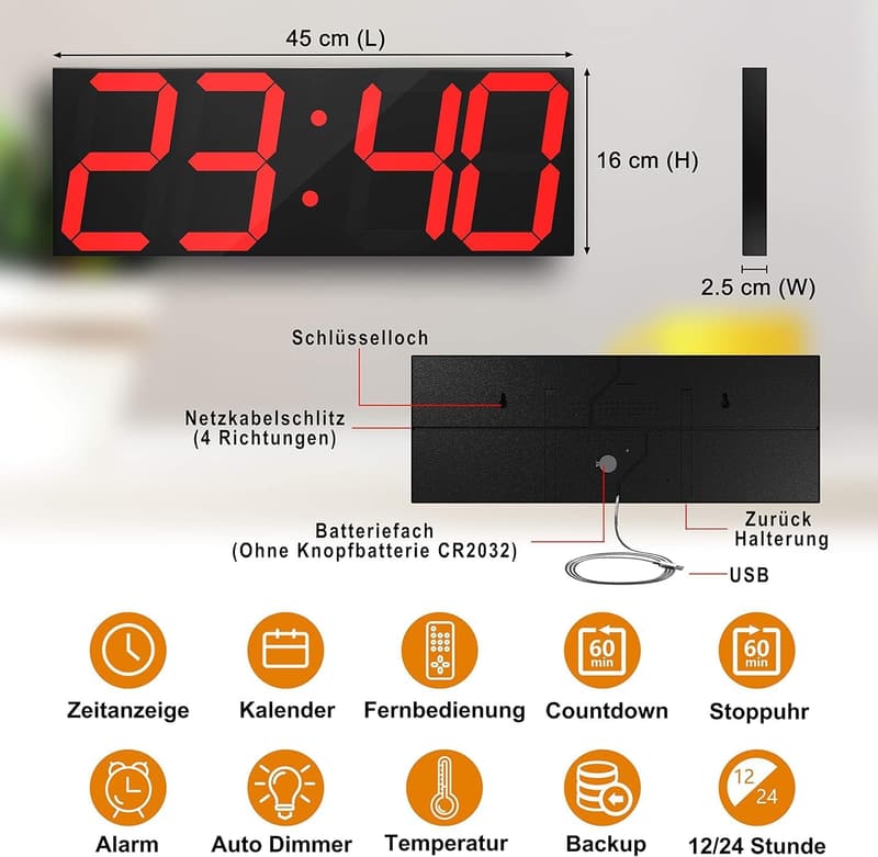 LED Wanduhr mit 18-Zoll-Display, 16 Alarmen und Temperaturanzeige