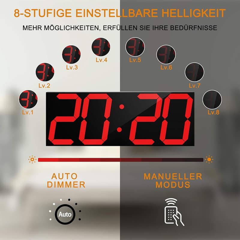 LED Wanduhr mit 18-Zoll-Display, 16 Alarmen und Temperaturanzeige