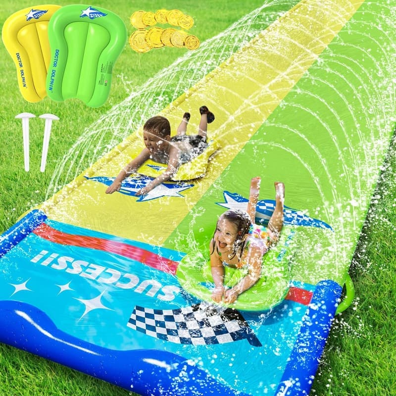 Aufblasbare Wasserrutsche 600x140cm mit 2 Bodyboards und Sprinkler für Kinder