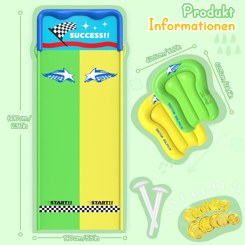 Aufblasbare Wasserrutsche 600x140cm mit 2 Bodyboards und Sprinkler für Kinder