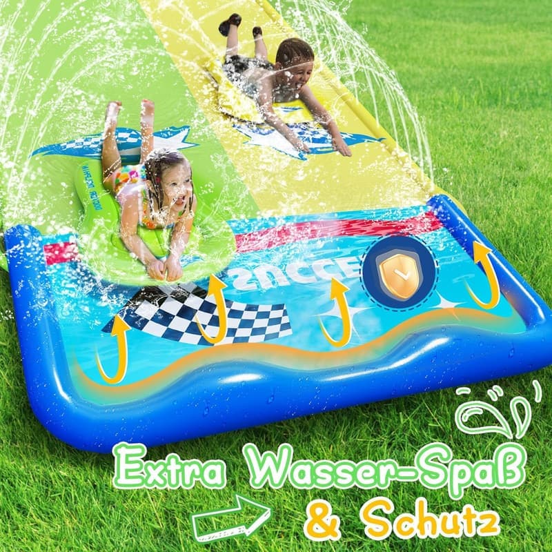 Aufblasbare Wasserrutsche 600x140cm mit 2 Bodyboards und Sprinkler für Kinder