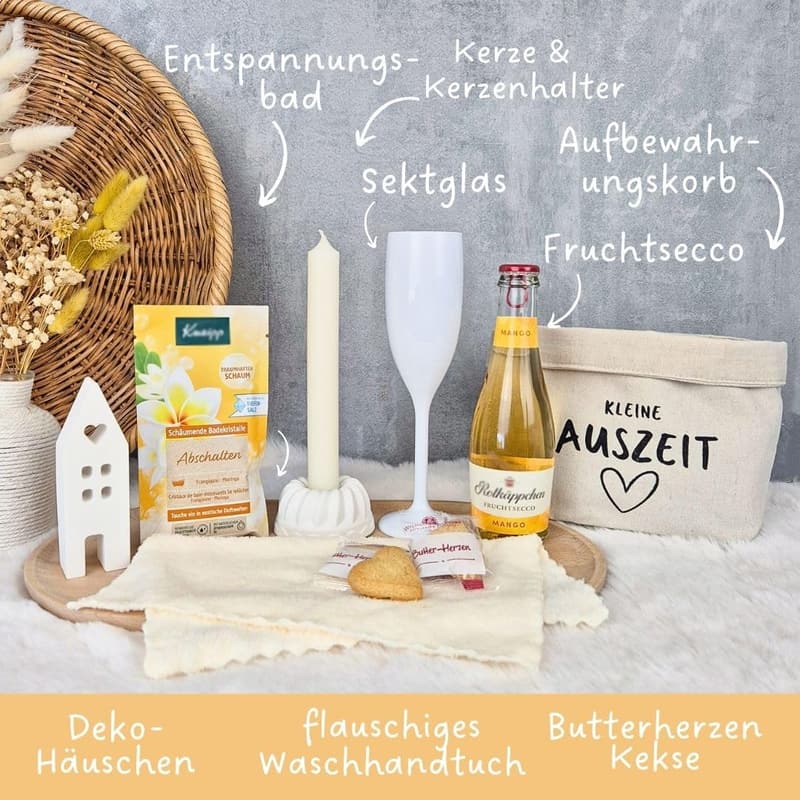 Entspannungsgeschenkset für Frauen im Baumwollkorb
