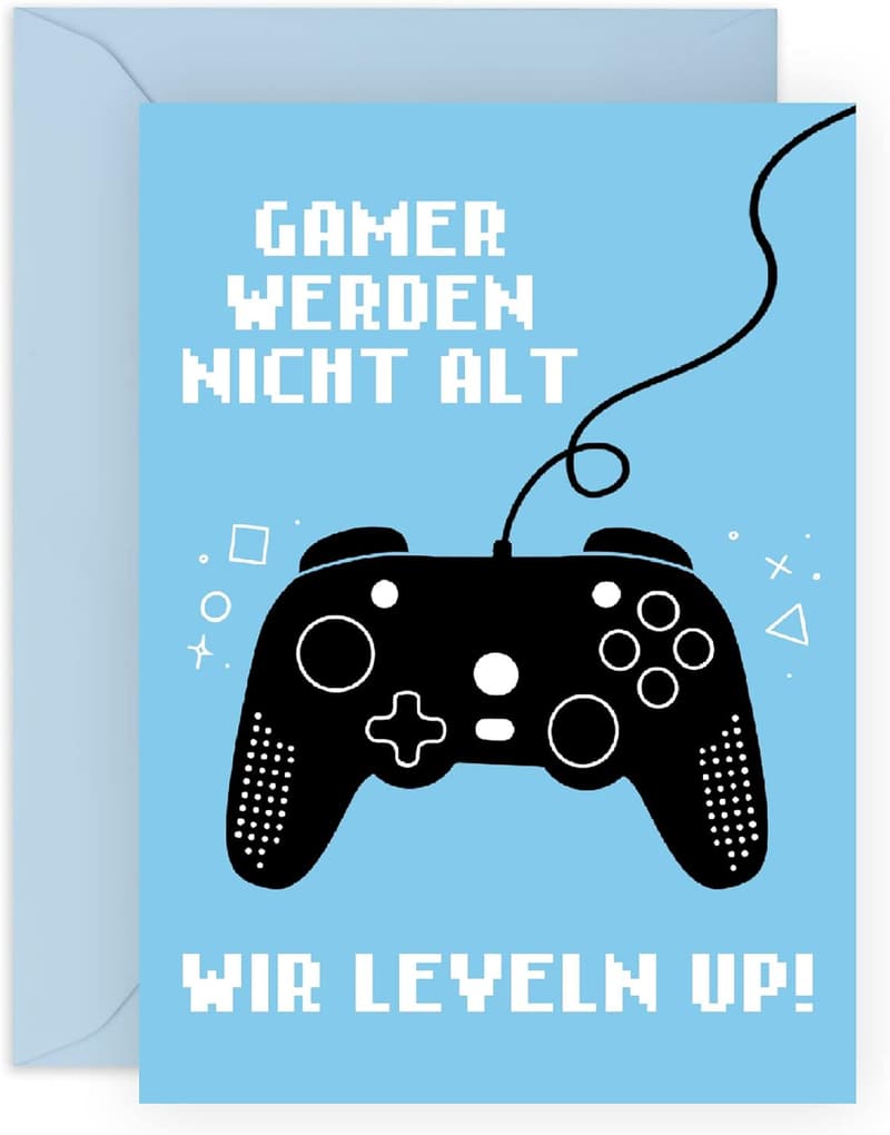 Gamer Geburtstagskarte „Wir leveln up“ – für Männer, blau, mit Aufkleber
