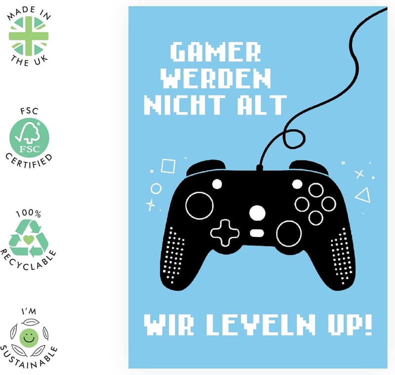 Gamer Geburtstagskarte „Wir leveln up“ – für Männer, blau, mit Aufkleber