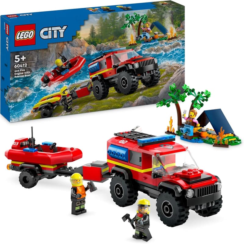LEGO Feuerwehrgeländewagen mit Rettungsboot und 3 Minifiguren, Spielzeug ab 5 Jahren