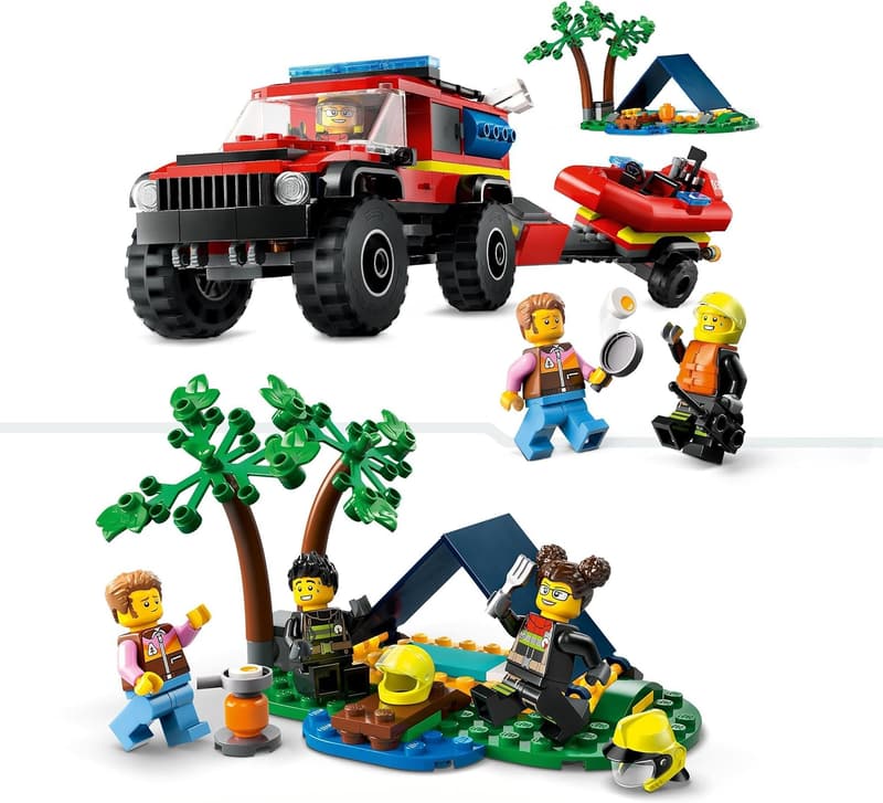 LEGO Feuerwehrgeländewagen mit Rettungsboot und 3 Minifiguren, Spielzeug ab 5 Jahren