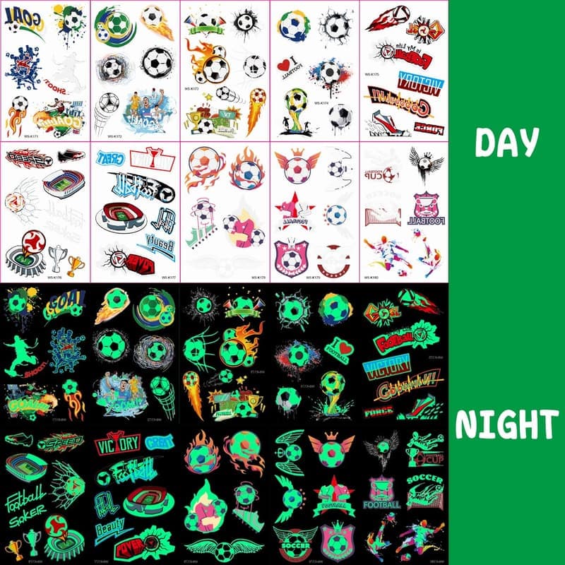 Leuchttattoos für Kinder - Fußball-Tattoos, 10 Blätter, Geschenk für Jungen