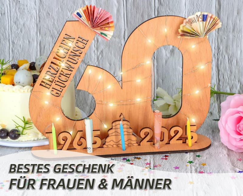 60. Geburtstag Geschenk für Paare - Personalisierbares Holz-Schild mit LED Lichterkette
