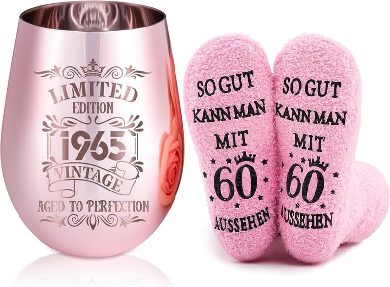 Lustiges 40. Geburtstag Geschenkset für Frauen: Graviertes Rosé-Weinglas & Socken