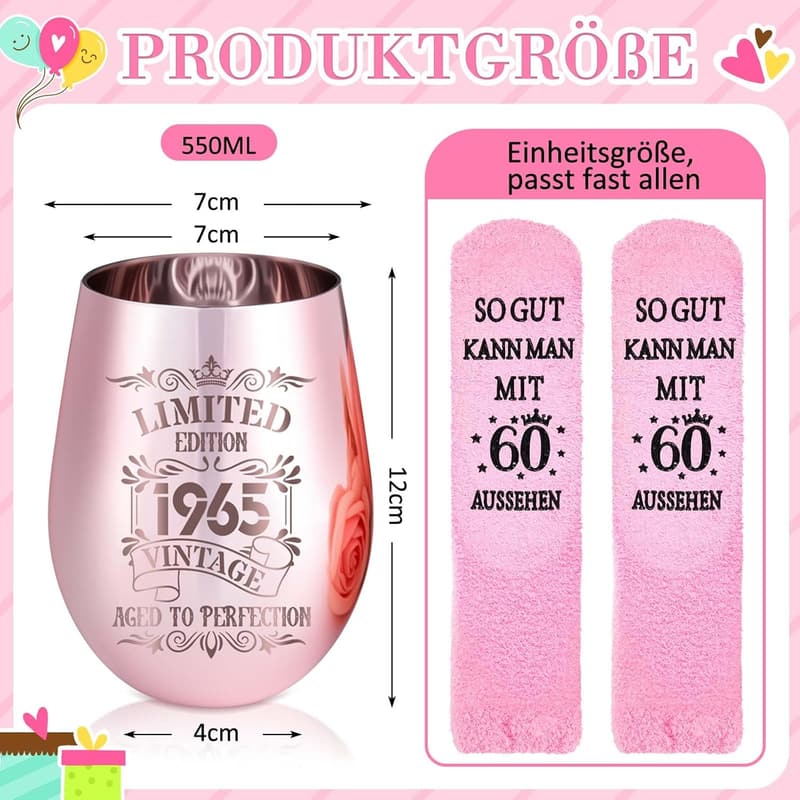 Lustiges 40. Geburtstag Geschenkset für Frauen: Graviertes Rosé-Weinglas & Socken