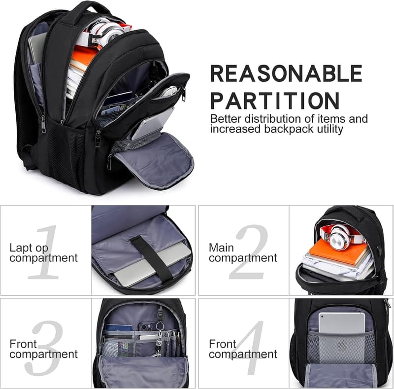Rucksack für Herren mit USB-Ladeanschluss, 15,6 Zoll, Schwarz