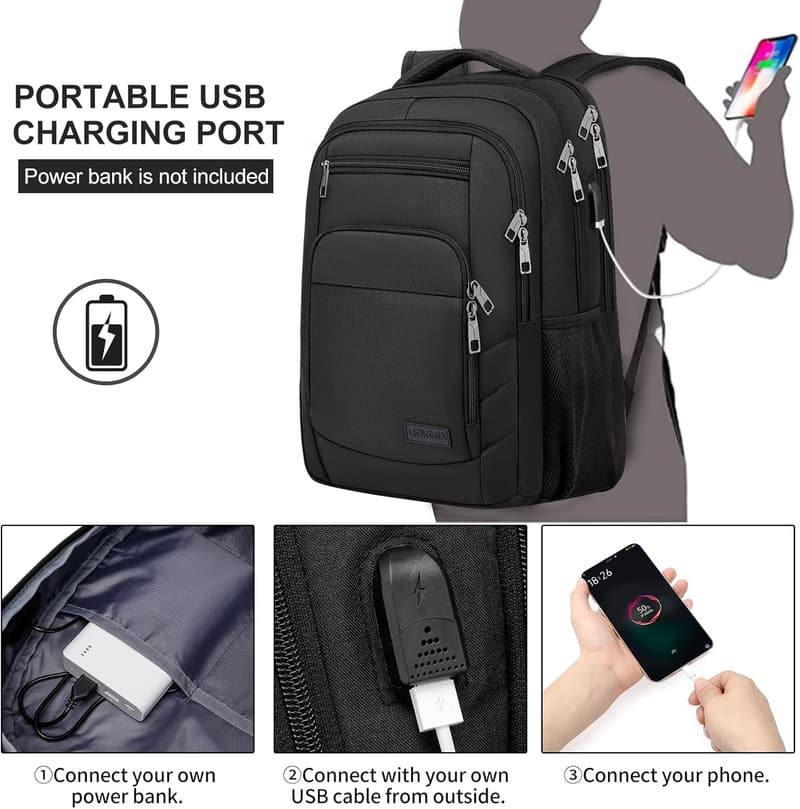 Rucksack für Herren mit USB-Ladeanschluss, 15,6 Zoll, Schwarz