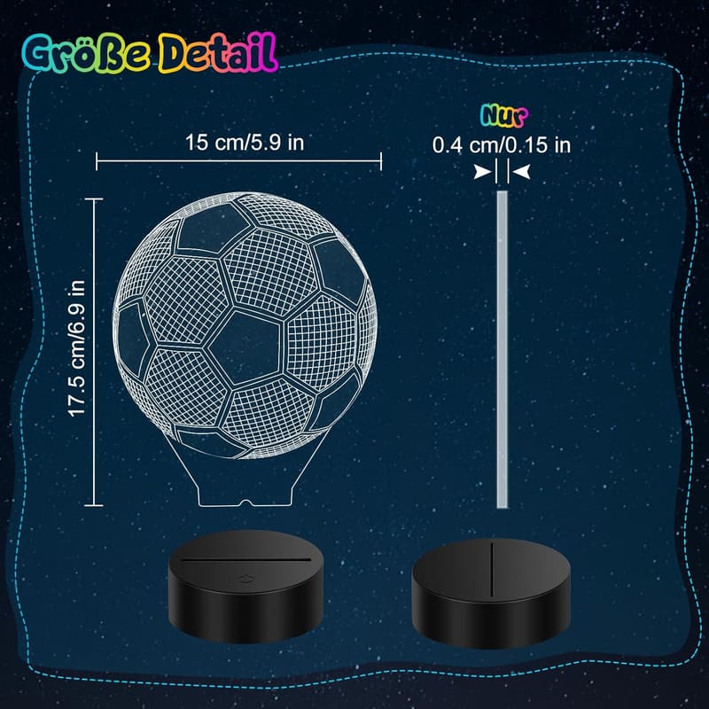 3D Nachtlicht für Jungen und Mädchen - Fussball Geschenke, 16 Farben