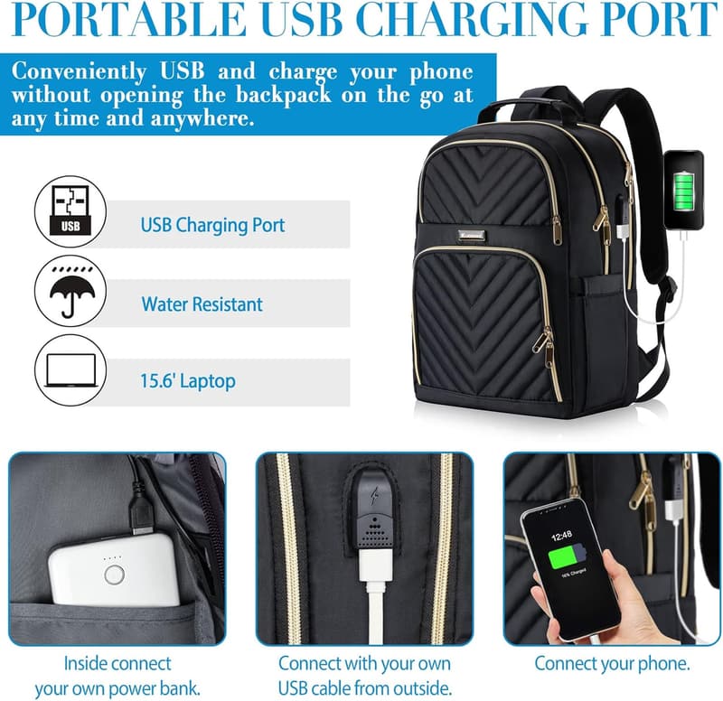 Stylischer 15.6 Zoll Damen Rucksack mit USB Ladeanschluss, schwarz