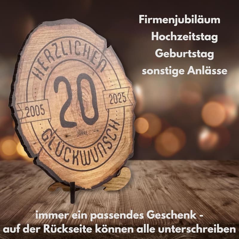 20. Jubiläum Holzscheibe 20 cm - Geschenk zum Geburtstag und Jahrestag