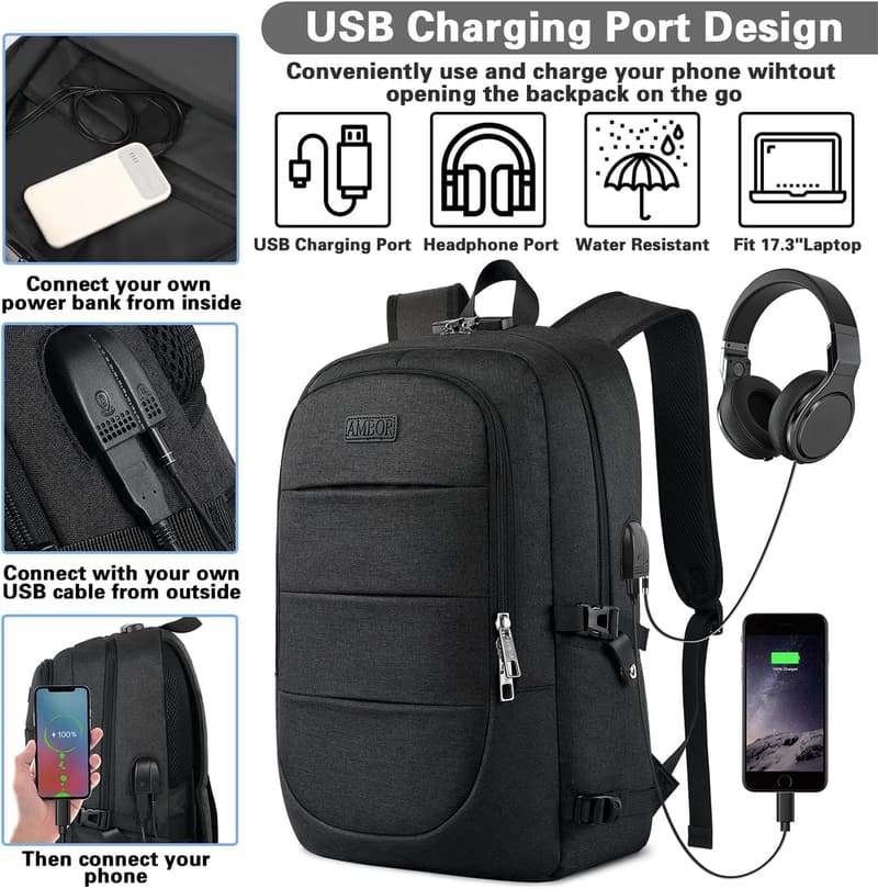 Multifunktionaler 17,3 Zoll Laptop-Rucksack für Herren und Damen, wasserdicht, mit USB-Ladeanschluss