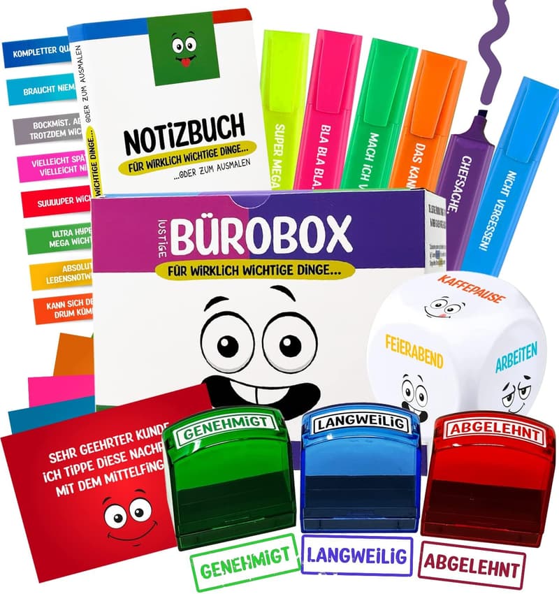Witzige Geschenkbox für Kollegen – 24-teilig mit Anti-Stress-Artikel
