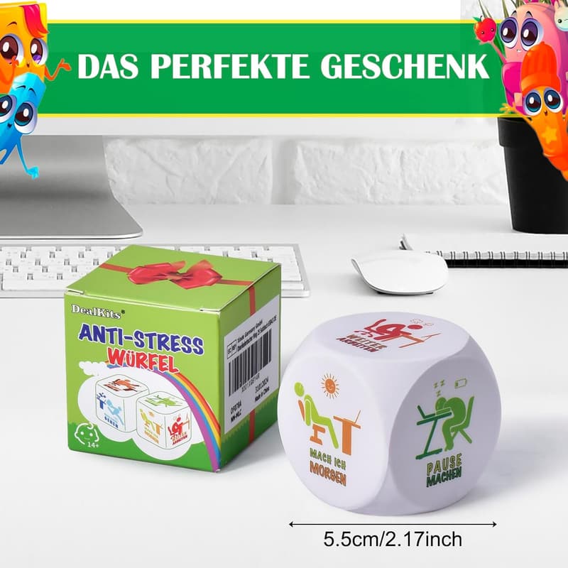 Anti-Stress Würfel für Büro - Buntes Spielzeug mit 6 Aktionen