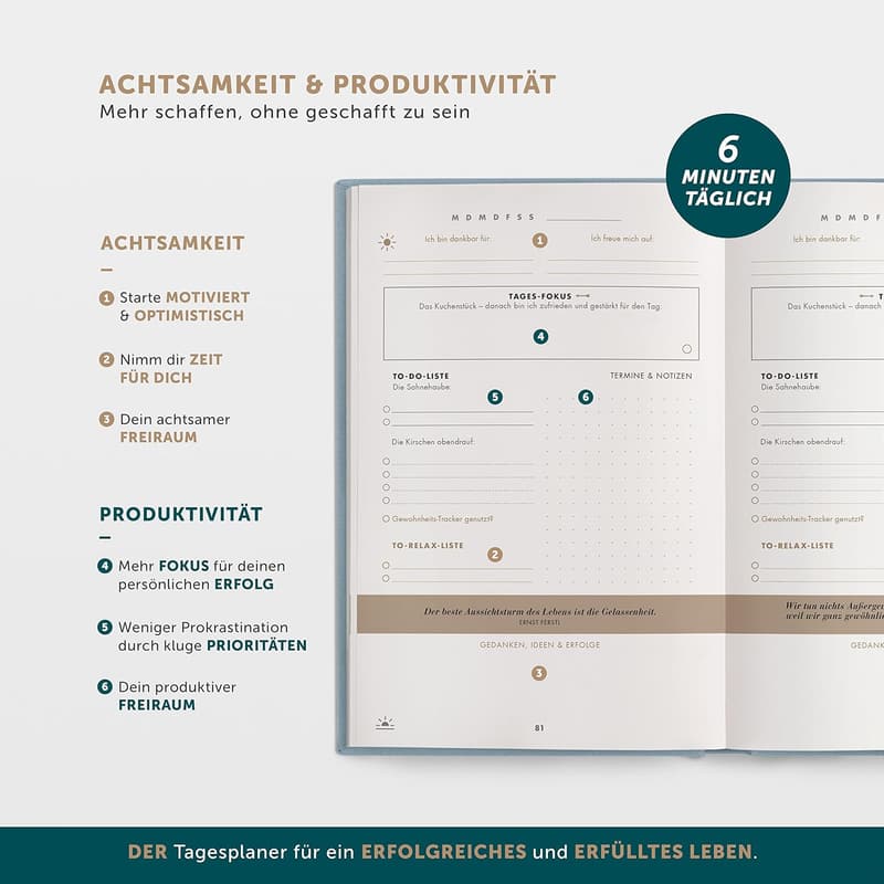 6-Minuten Tagebuch - Undatiertes Erfolgsjournal für mehr Motivation